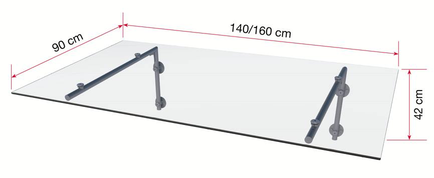 Nadstrešnica za vrata Gutta HD-L s kotiranim dimenzijama - staklo 10mm i inox nosači