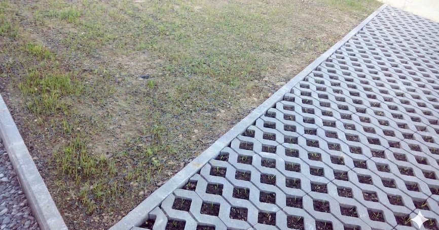 Betonska travna rešetka ugrađena uz zelenu površinu, prikaz nosive podloge za promet vozila