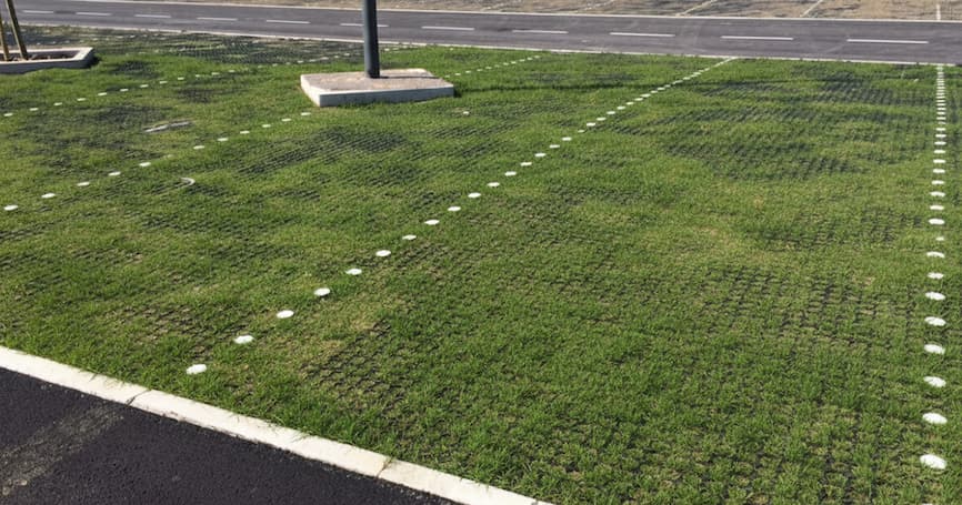 Plastična travna rešetka s ukorijenjenom travom na parkirnoj površini